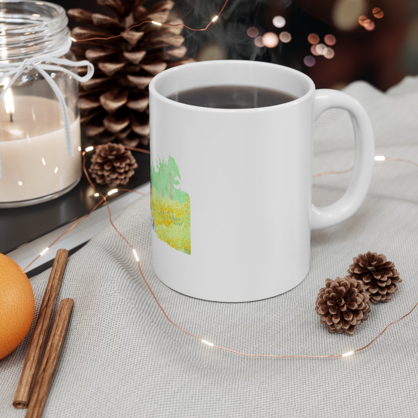 Hand-Drawn Bear in Wildflower Meadow Mug — 11oz Nature Coffee Cup