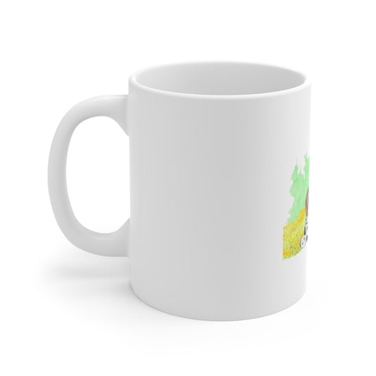 Hand-Drawn Bear in Wildflower Meadow Mug — 11oz Nature Coffee Cup
