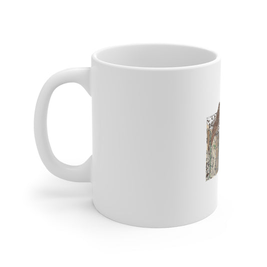 11oz Bird Mug — Hand-Drawn Hawk on Rustic Fence Post Coffee Cup