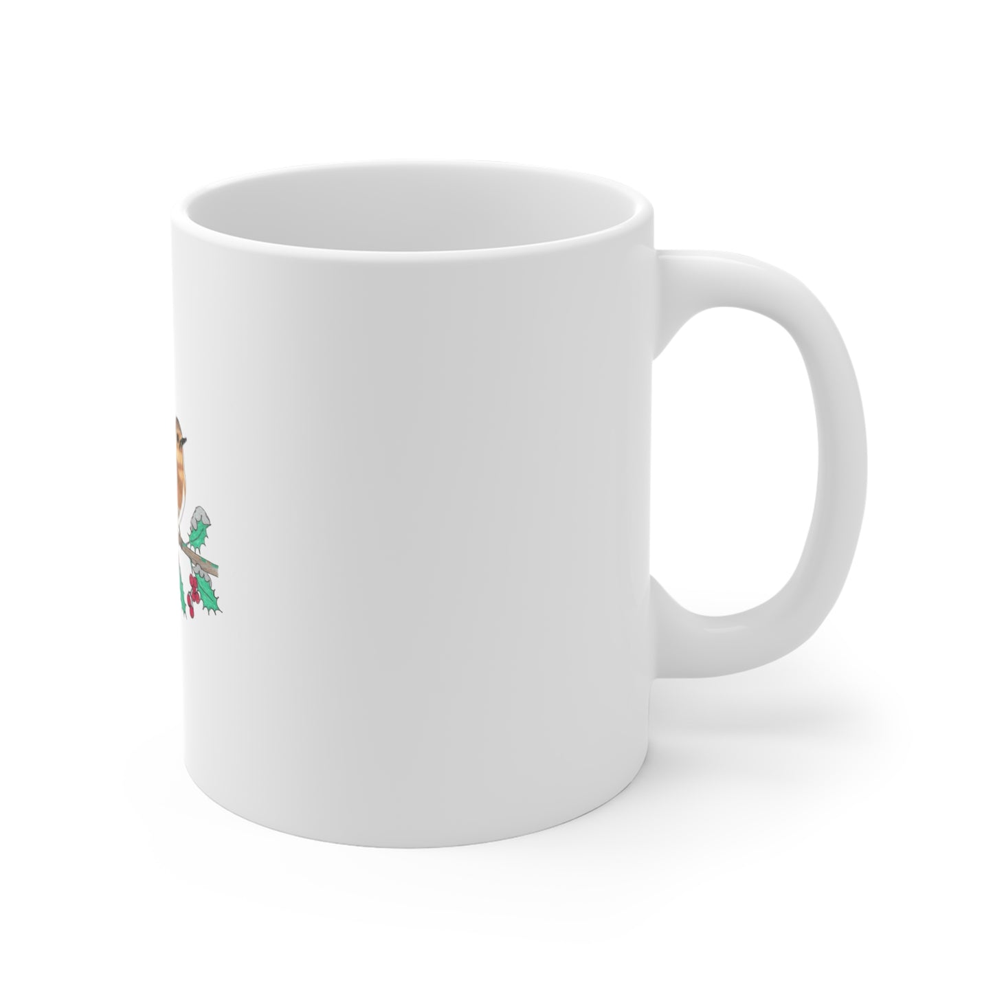 Mug — Hand-Drawn Christmas Robins on Holly Branch 11oz Ceramic Coffee Cup