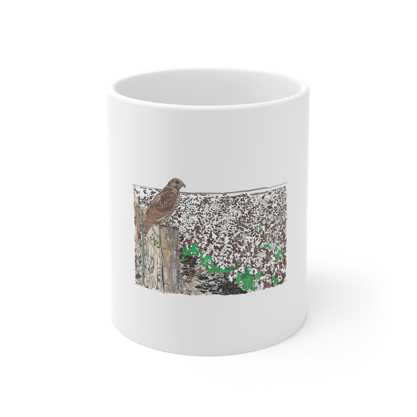 11oz Bird Mug — Hand-Drawn Hawk on Rustic Fence Post Coffee Cup