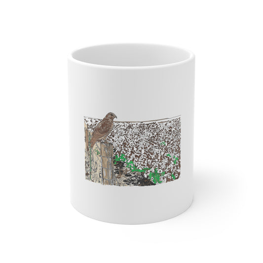 11oz Bird Mug — Hand-Drawn Hawk on Rustic Fence Post Coffee Cup