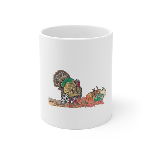 Thankful Turkey 11oz Coffee Mug — Thanksgiving Harvest Turkey & Pumpkins Hand-Drawn Nature Art