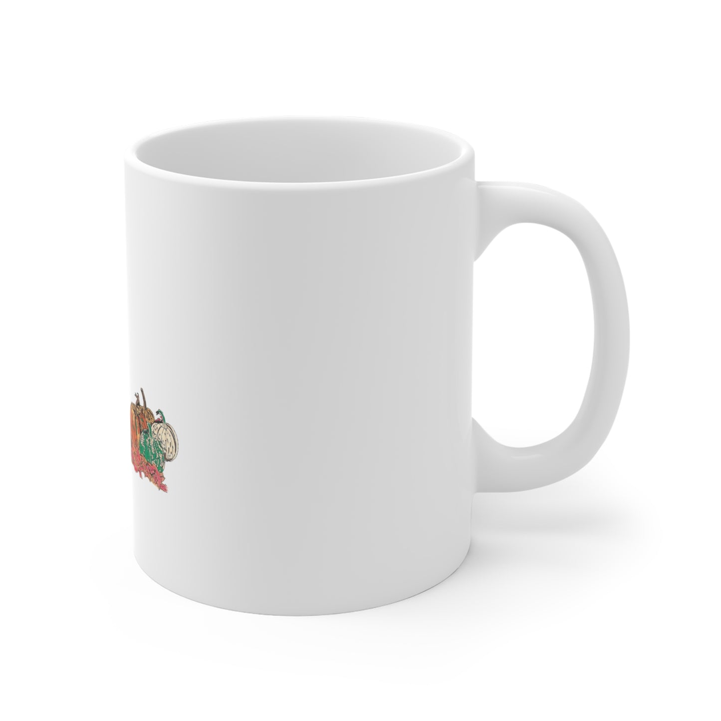 Thankful Turkey 11oz Coffee Mug — Thanksgiving Harvest Turkey & Pumpkins Hand-Drawn Nature Art