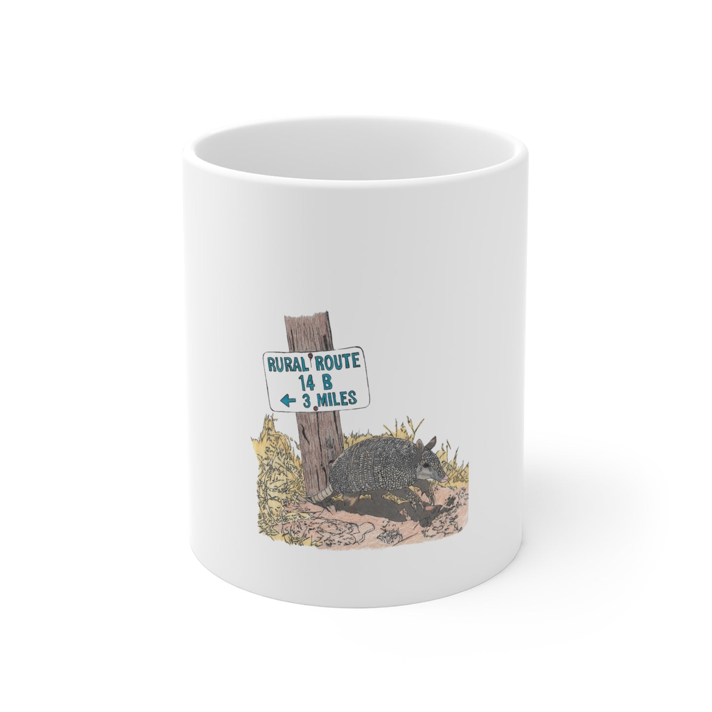 Hand-Drawn Rural Route Armadillo Mug — 11oz Rustic Wildlife Coffee Cup