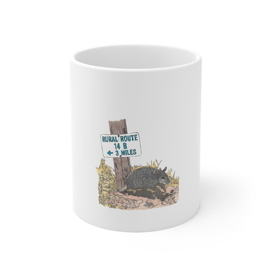 Hand-Drawn Rural Route Armadillo Mug — 11oz Rustic Wildlife Coffee Cup