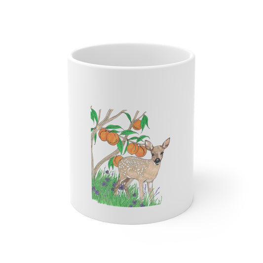 11oz Fawn & Peach Tree Ceramic Mug — Hand-Drawn Woodland Fawn Coffee Cup