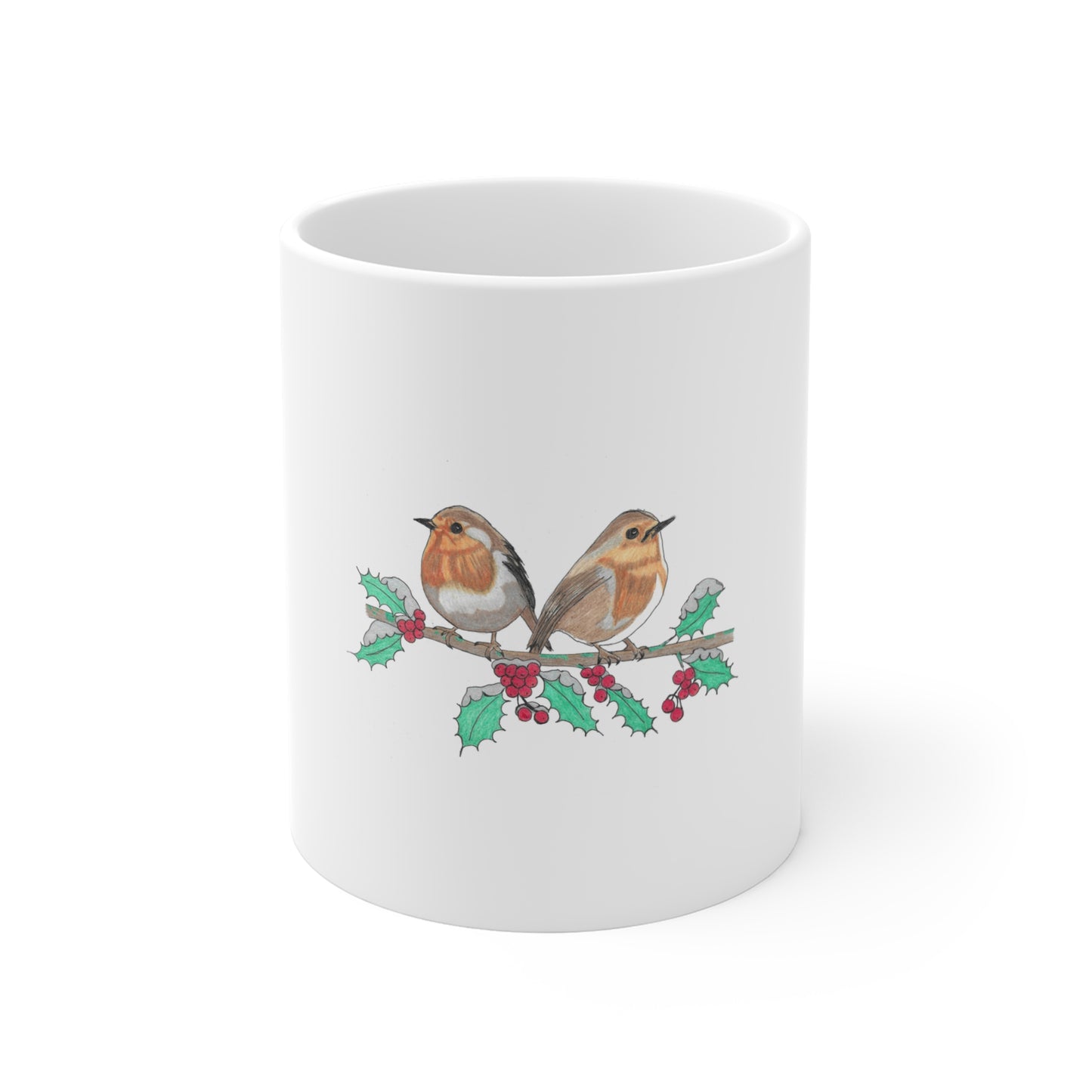 Mug — Hand-Drawn Christmas Robins on Holly Branch 11oz Ceramic Coffee Cup