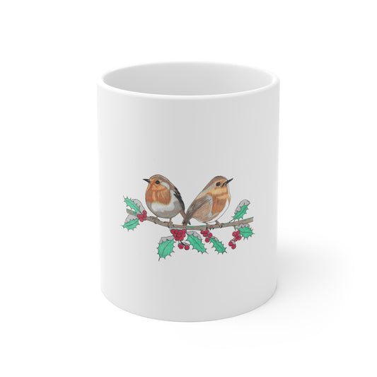 Mug — Hand-Drawn Christmas Robins on Holly Branch 11oz Ceramic Coffee Cup