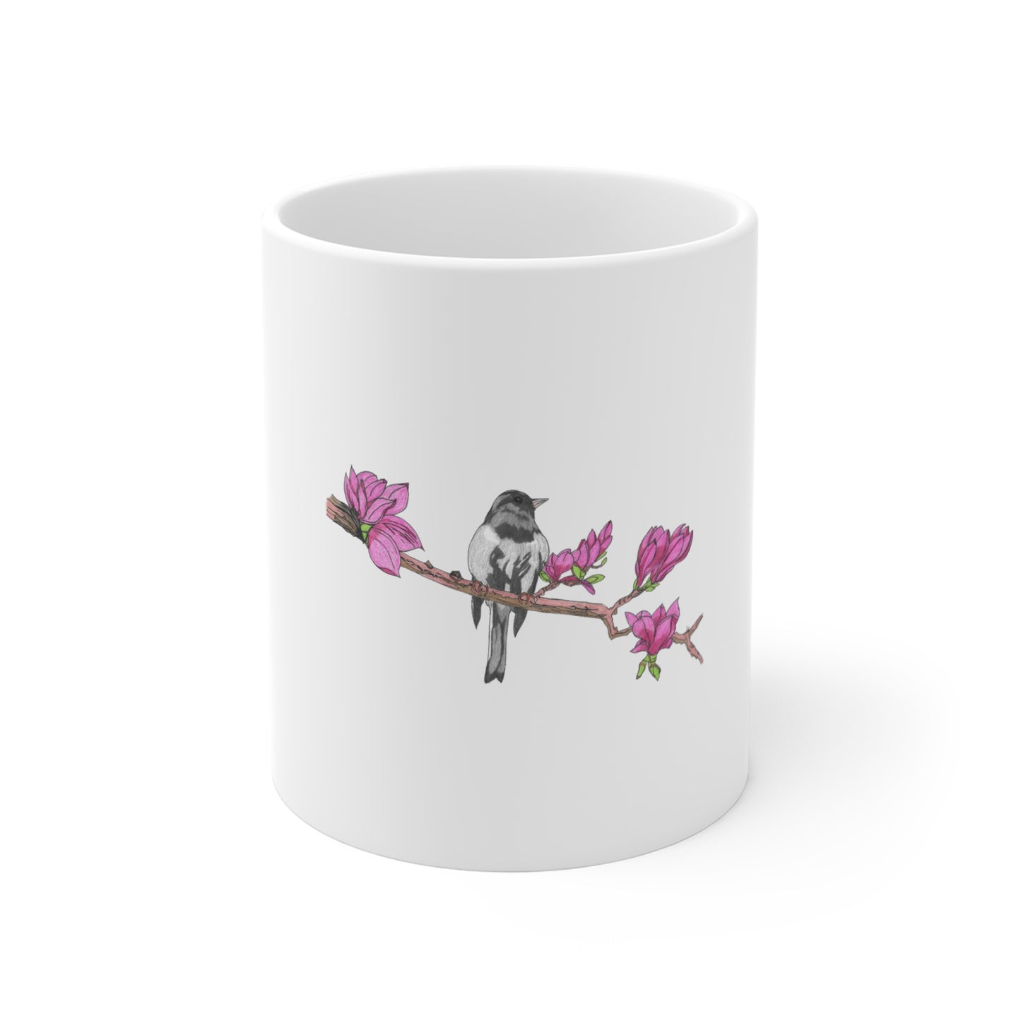 Songbird on Dogwood Mug — Hand-Drawn Nature Art