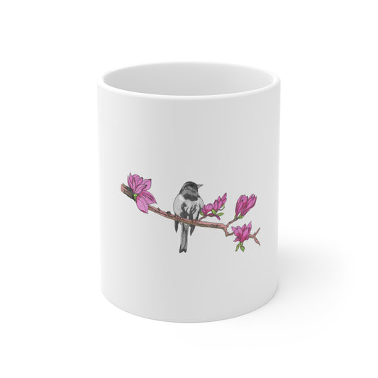Songbird on Dogwood Mug — Hand-Drawn Nature Art