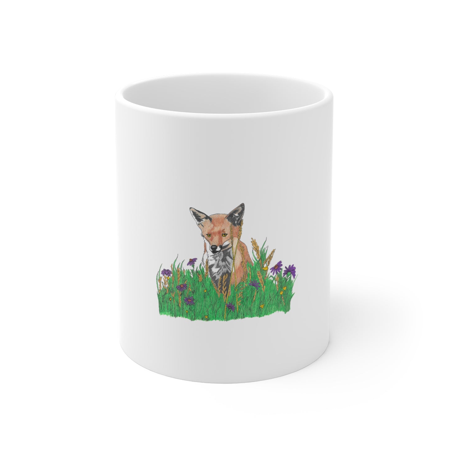 Hand-Drawn Fox in Wildflower Field Mug — 11oz Nature Coffee Cup