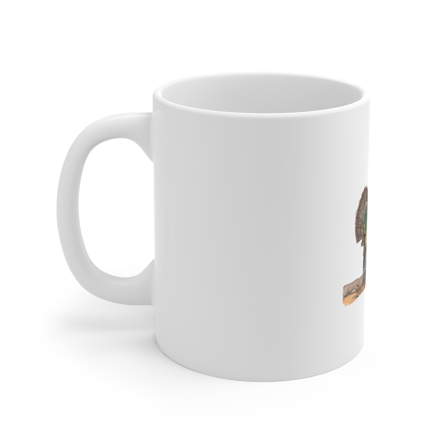 Thankful Turkey 11oz Coffee Mug — Thanksgiving Harvest Turkey & Pumpkins Hand-Drawn Nature Art