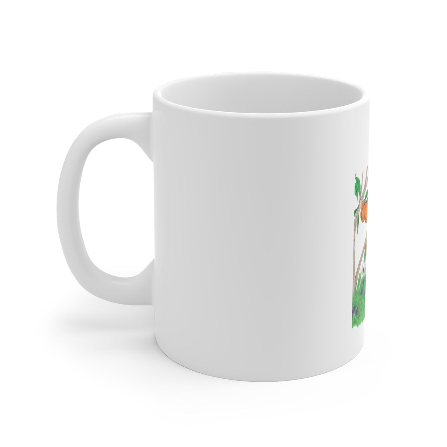 11oz Fawn & Peach Tree Ceramic Mug — Hand-Drawn Woodland Fawn Coffee Cup