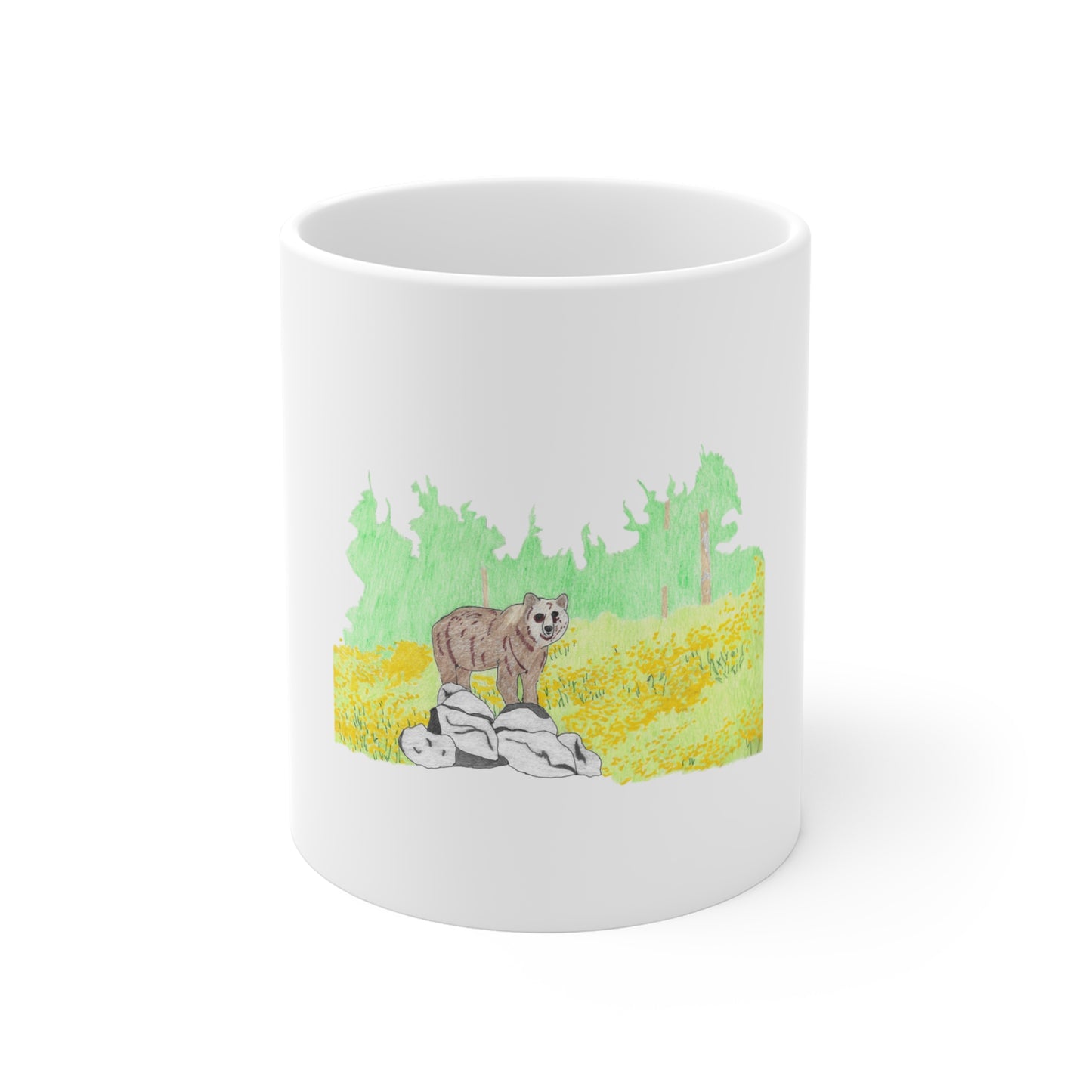Hand-Drawn Bear in Wildflower Meadow Mug — 11oz Nature Coffee Cup