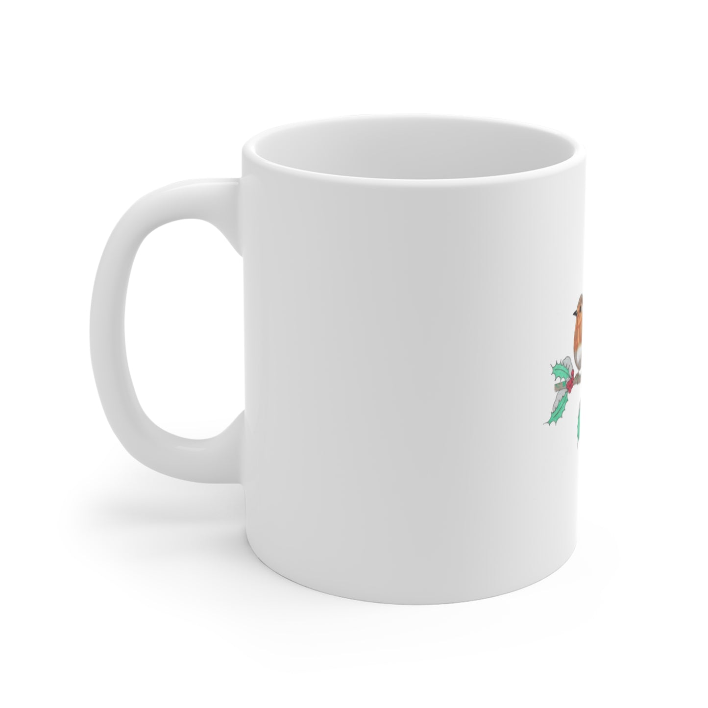 Mug — Hand-Drawn Christmas Robins on Holly Branch 11oz Ceramic Coffee Cup