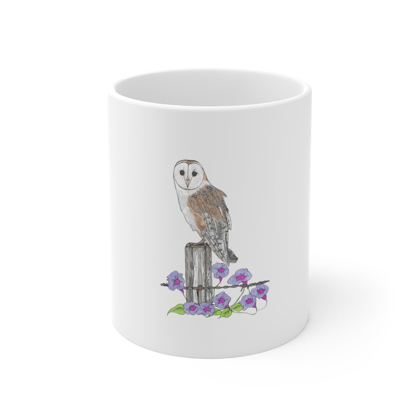 Barn Owl Floral Mug — 11oz Nature Coffee Cup with Hand-Drawn Owl & Purple Flowers