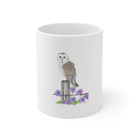 Barn Owl Floral Mug — 11oz Nature Coffee Cup with Hand-Drawn Owl & Purple Flowers