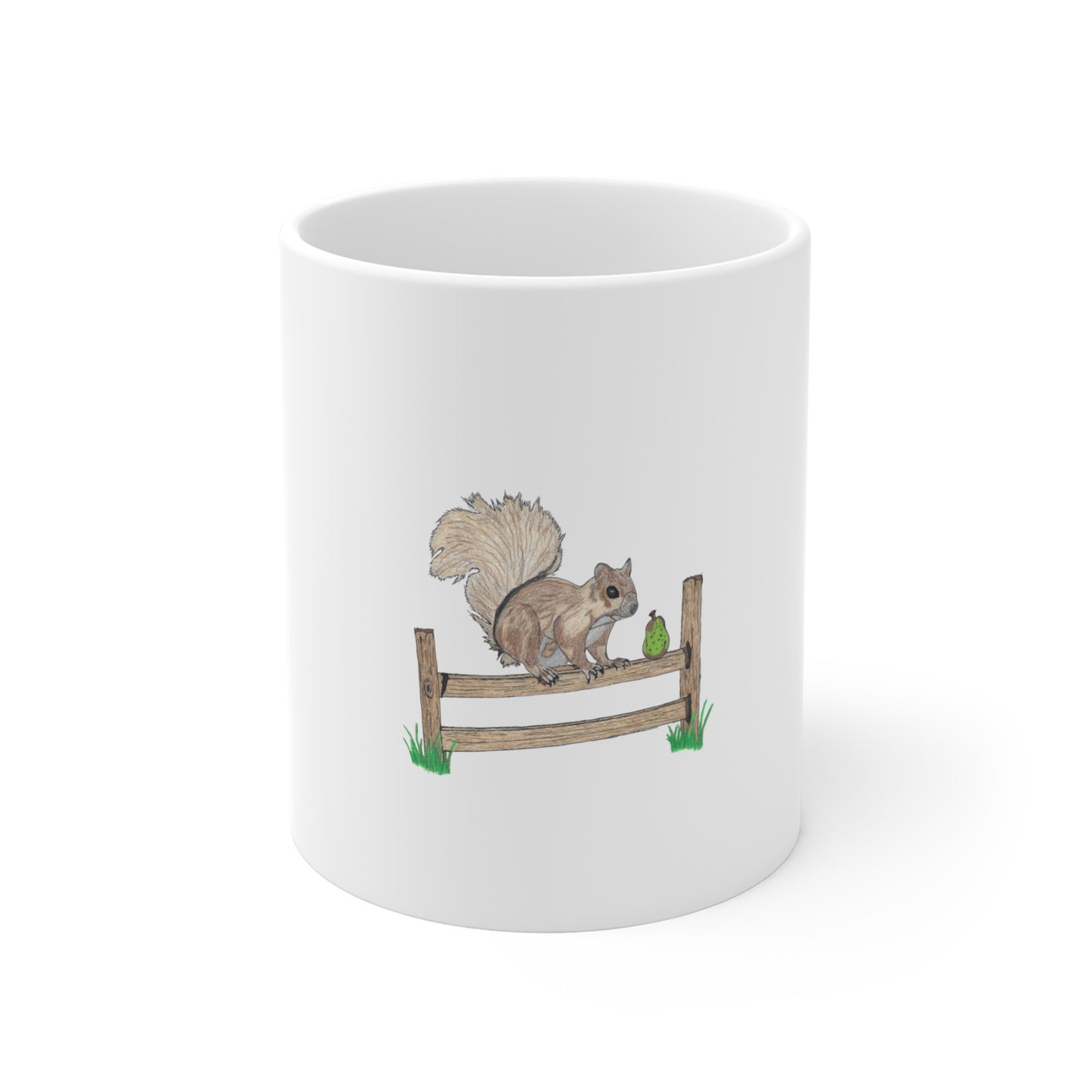Squirrel on Fence 11oz Ceramic Mug - Cute Hand-Drawn Woodland Animal Coffee Cup
