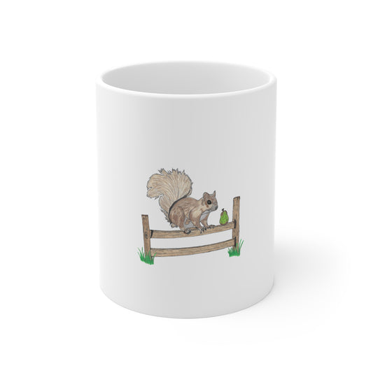Squirrel on Fence 11oz Ceramic Mug - Cute Hand-Drawn Woodland Animal Coffee Cup