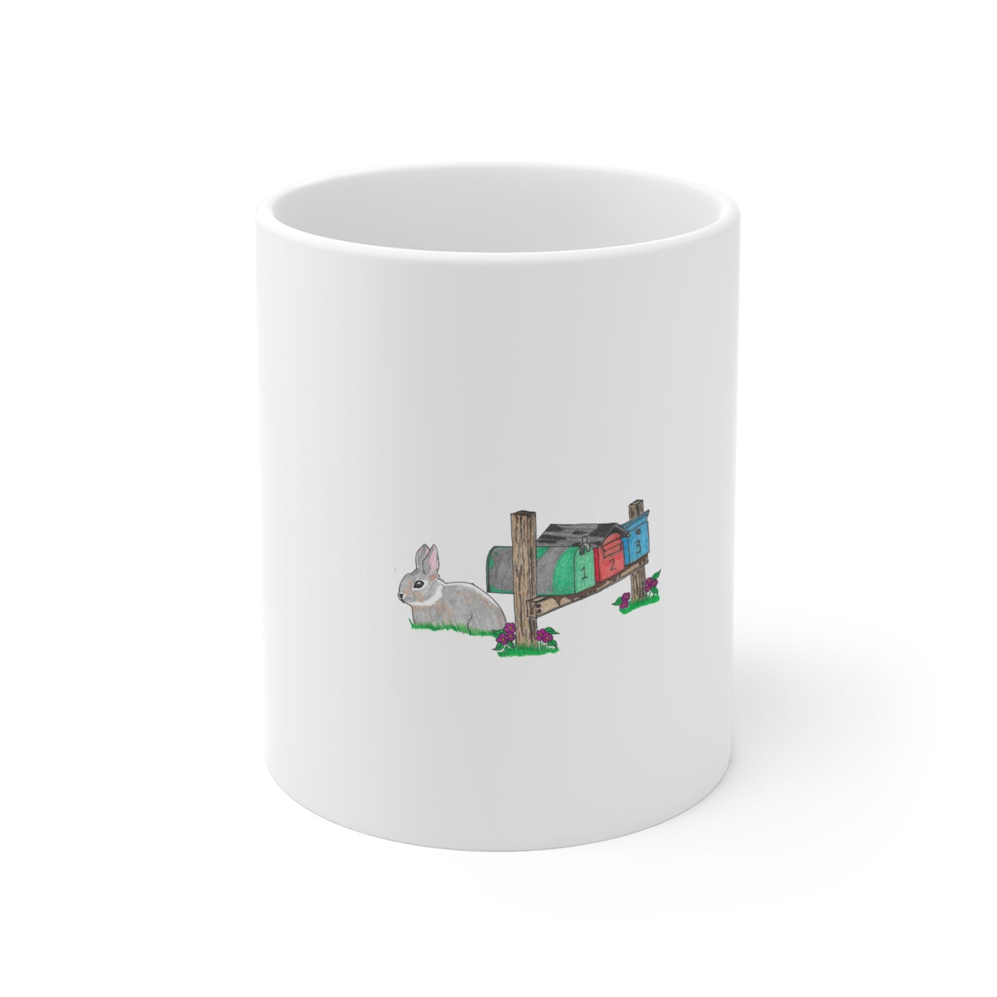 Bunny Library Mug — Hand-Drawn Cute Rabbit Reading Row of Colorful Books 11oz Ceramic