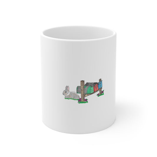 Bunny Library Mug — Hand-Drawn Cute Rabbit Reading Row of Colorful Books 11oz Ceramic