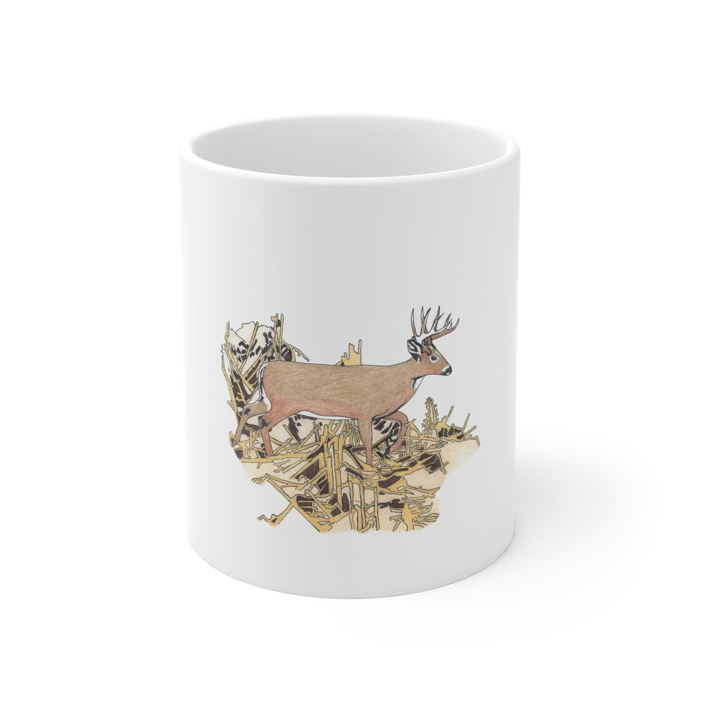 Hand-Drawn Deer Illustration Mug — Woodland Buck Ceramic Coffee Cup (11 oz)