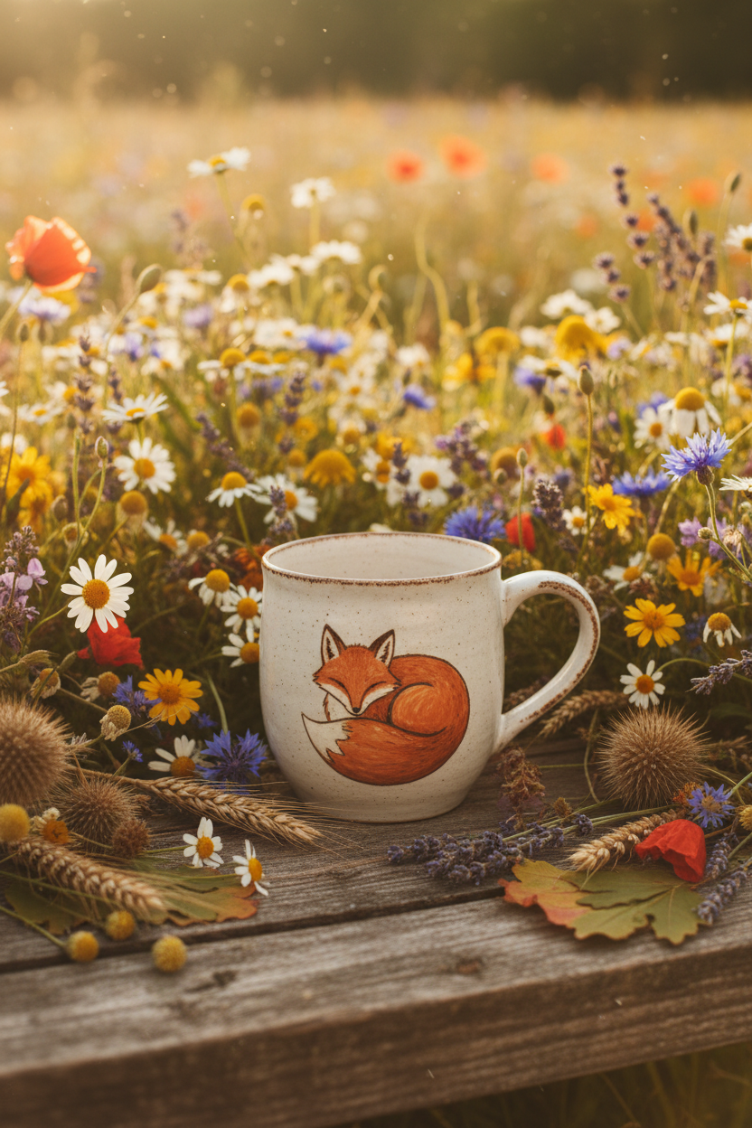 Fox in Wildflower Field Mug Lifestyle